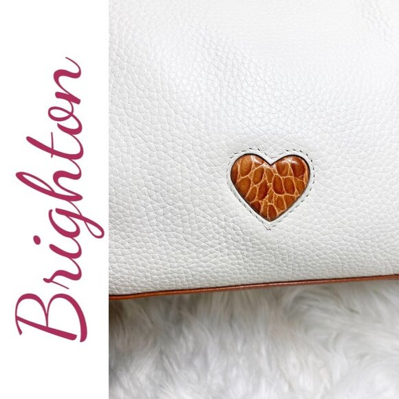 BRIGHTON White & Tan Pebbled Leather Satchel Shoulder Bag Croc Heart Detail - Picture 4 of 15